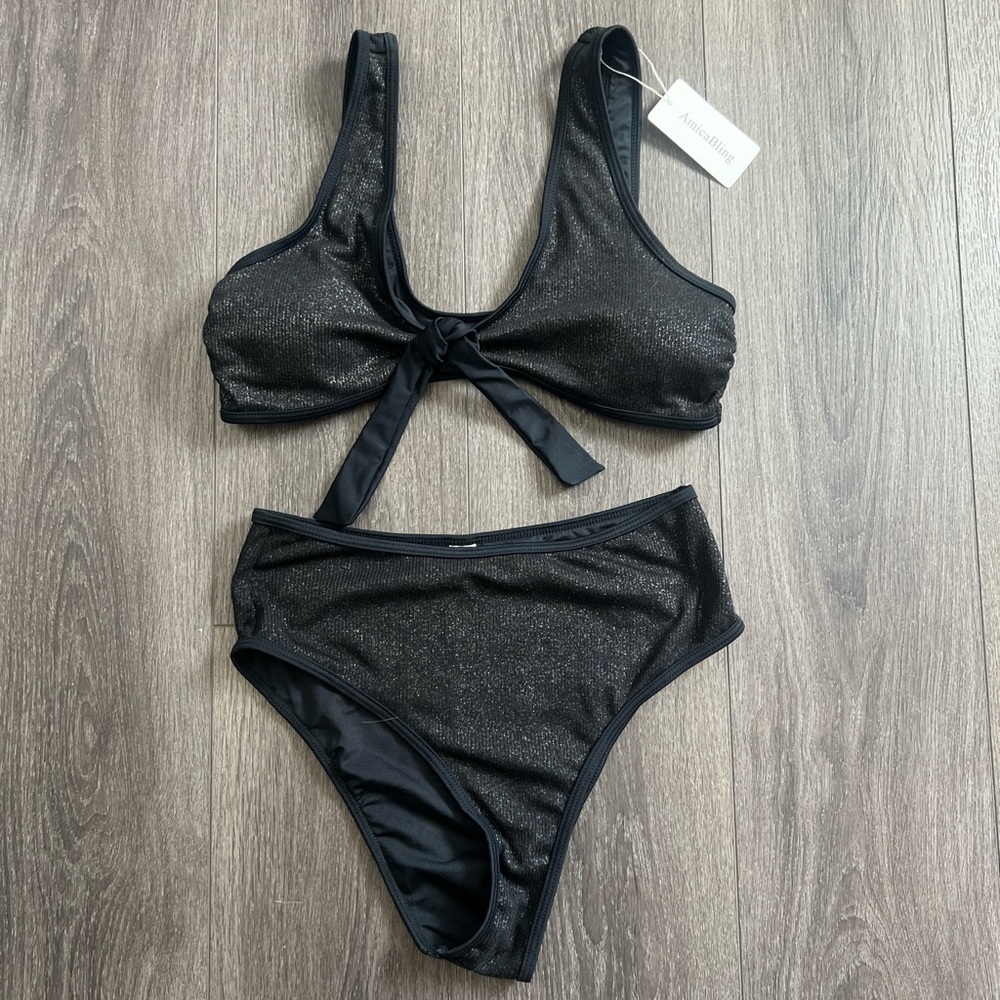NWT shimmer sparkle black bikini set sz M